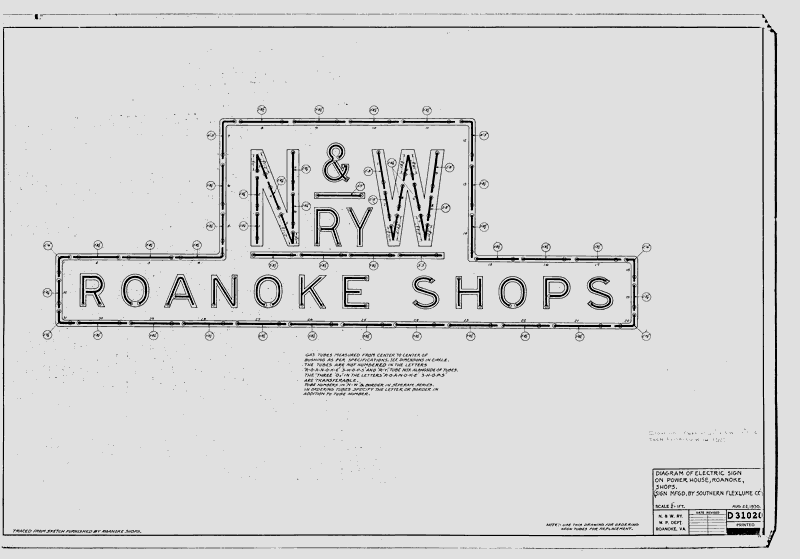Diagram of Electric Sign on Power House, Roanoke Shops (Sign Mfg'd By Southern Flexlume Co.)