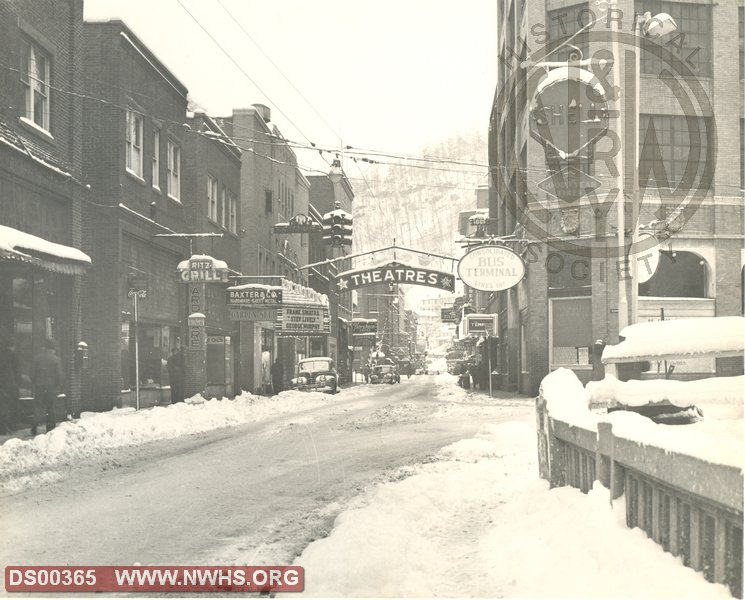 Downtown Welch, WV in snow, circa 1944