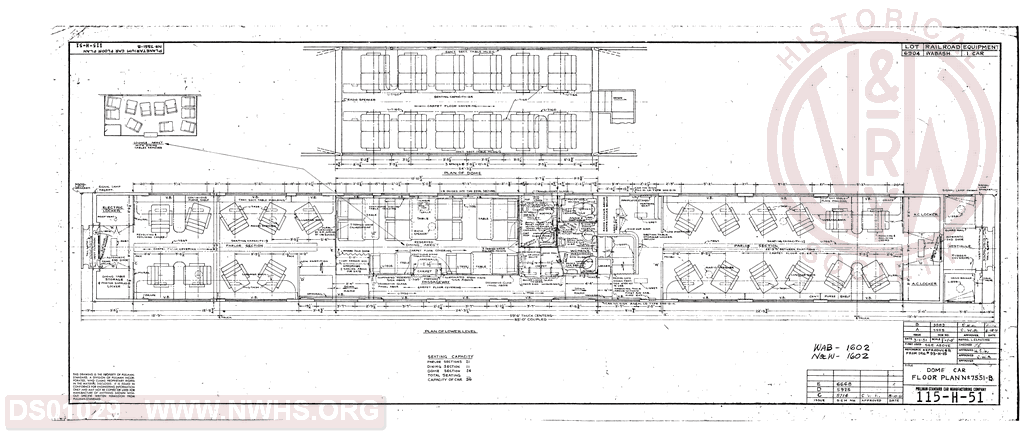 Dome Car Floor Plan No 7551-B. Wab 1602, N&W 1602.