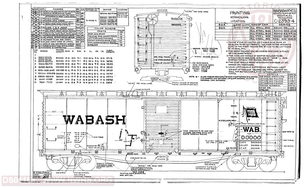 Painting, Stenciling Location, Wabash Box Cars 6000-6299, 7000-7299, 88000-89599, 83000-84832, 85000-85199, 86000-86874, NJI&I 4100-4149