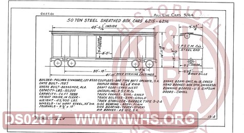 50 Ton Steel Sheathed Box Cars 6215-6216, Central of Georgia Railway Freight Equipment Diagram Book