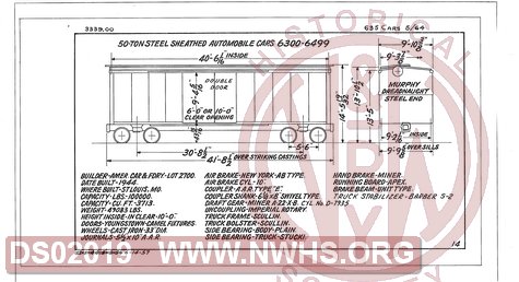 50 Ton Steel Sheathed Automobile Box Cars 6300-6499, Central of Georgia Railway Freight Equipment Diagram Book