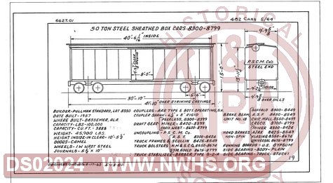 50 Ton Steel Sheathed Box Cars 8300-8799, Central of Georgia Railway Freight Equipment Diagram Book