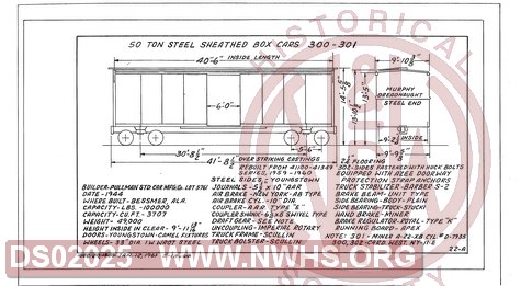 50 Ton Steel Sheathed Box Cars 300-301, Central of Georgia Railway Freight Equipment Diagram Book