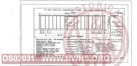 70 Ton Cushion Underframe Steel Box Cars 3500-3699, Central of Georgia Railway Freight Equipment Diagram Book