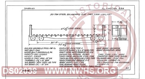 50 Ton Steel Bulkhead Flat Cars 11300-11311,11317, Central of Georgia Railway Freight Equipment Diagram Book