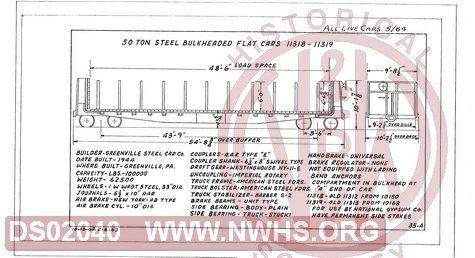 50 Ton Steel Bulkhead Flat Cars 11318-11319, Central of Georgia Railway Freight Equipment Diagram Book