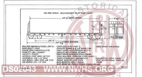 50 Ton Steel Bulkhead Flat Car 11325, Central of Georgia Railway Freight Equipment Diagram Book