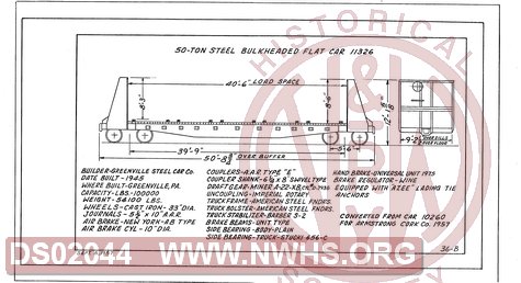 50 Ton Steel Bulkhead Flat Car 11326, Central of Georgia Railway Freight Equipment Diagram Book