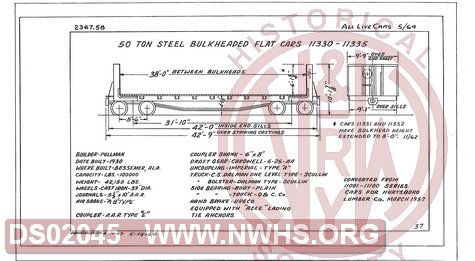 50 Ton Steel Bulkhead Flat Cars 11330-11335, Central of Georgia Railway Freight Equipment Diagram Book