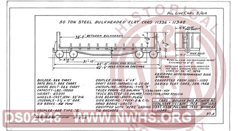 50 Ton Steel Bulkhead Flat Cars 11336-11340, Central of Georgia Railway Freight Equipment Diagram Book