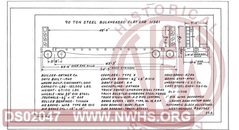 90 Ton Steel Bulkhead Flat Car 11341, Central of Georgia Railway Freight Equipment Diagram Book