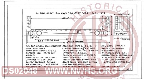 70 Ton Steel Bulkhead Flat Cars 11365-11379, Central of Georgia Railway Freight Equipment Diagram Book