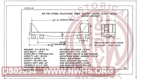 40 Ton Steel Pulp Wood Cars 12295-12296, 12305-12310,12314-12492, Central of Georgia Railway Freight Equipment Diagram Book