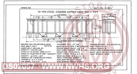 70 Ton Steel Covered Hopper Cars 900-949, Central of Georgia Railway Freight Equipment Diagram Book