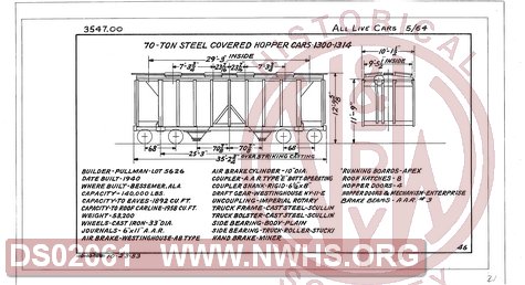 70 Ton Steel Covered Hopper Cars 1300-1314, Central of Georgia Railway Freight Equipment Diagram Book