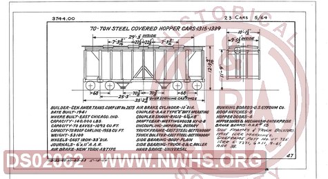 70 Ton Steel Covered Hopper Cars 1315-1339, Central of Georgia Railway Freight Equipment Diagram Book