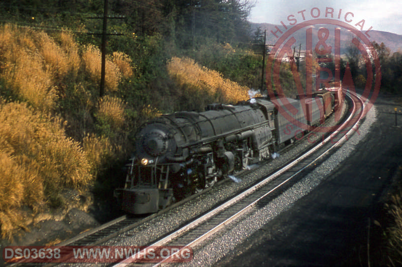 N&W class A 2-6-6-4 1220 slips downgrade with freight - Blue Ridge, Va