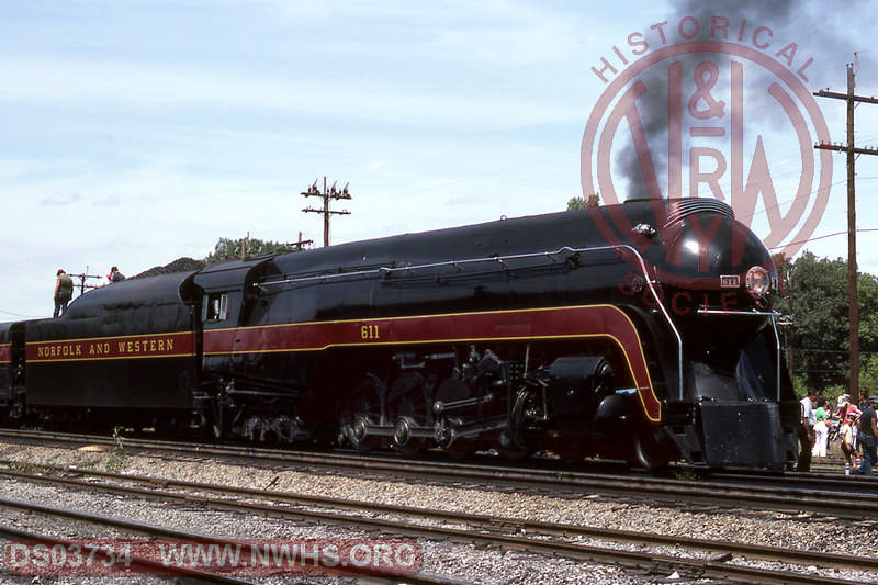 View of N&W J 4-8-4 611 being serviced at Crewe, VA