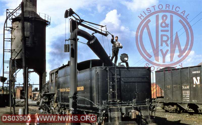 WSSB Class W2 #711 taking on water beside coaling tower at North Winston yard