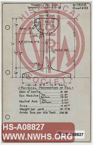 Thompson Rail Corp., Templet T.C. 1040 , 131 LB R.E. - H.F. Rail, Physical Properties of Rail.