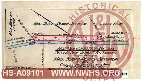 N&W Ry, Plan of right of way to be acquired of Mrs. Scioto Renick Seymore near Chillicothe, Ross County Ohio MP 652+1373.3 to  MP652+2382'