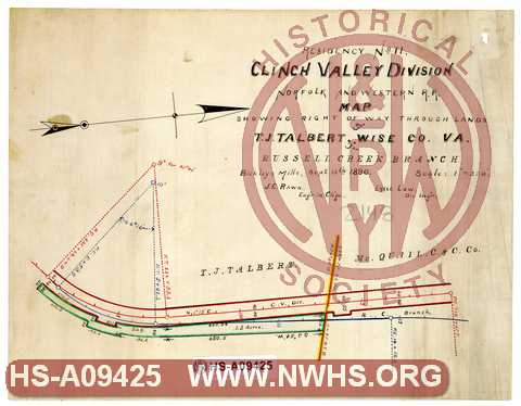 N&W RR Clinch Valley Division, Residency No. 11, Map Showing Right of Way through lands of T.J. Talbert, Wise Co. VA, for Russell Creek Branch