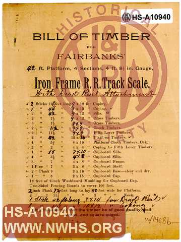 Bill of Timber for Fairbanks 42', 4 Sections, 4 ft 8-1/2" Gauge Iron Frame RR Track Scale