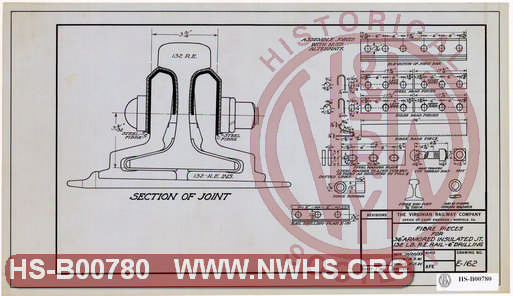 Virginian Railway Tidewater RY Standard  E Drawings, Track, Signals, Switch, Tools Etc., Fibre Pieces for 36 inch Armored Insulated Joint 132 lb. Rail