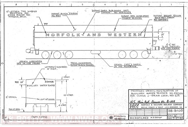 Proposed Stenciling & Painting of Auxiliary Water Tender No. 220166 for Class J-Steam Loco. No. 611