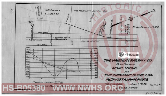 Virginian Railway Co., Plan showing spur track for the Piedmont supply Co., Altavista, VA.; MP-197.9; Roanoke, VA.; scales noted.