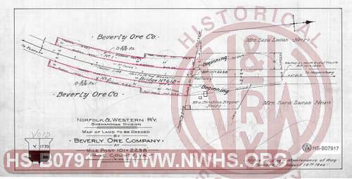 Map of land to be deeded by Beverly Ore Co.at  MP 101+ in Page County, VA near Bridge 612 and Beverley Ore Co.