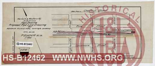 N&W R'y, Scioto Division, Plan Showing Proposed Pipe Line Crossing for Kenova Municipal Water Works, Sta. 54+30 Kenova W.Va.