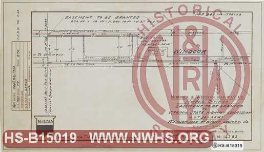 N&W Ry, Norfolk Division, Easement to be granted to Virginia State Highway Commission, MP N34+2414.0', Windsor, Isle of Wight County Va.