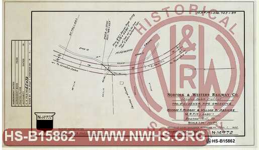 N&W Ry, Winston-Salem District, Pro. 4" C.I. sewer pipe crossing for George F. Murray & William D. Abshire, MP R19+4480', Boones Mill, Va.