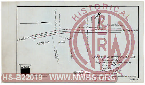 N&W Ry, Shenandoah District, Proposed siding extension for T.D. Kinzie, Hanson, Va., MP H230+231.3