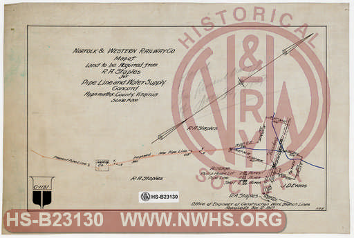 N&W Ry, Map of land to be acquired from R.A. Staples for Pipe line and water supply, Concord Appomattox County, Virginia