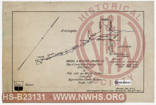 N&W Ry, Map of land to be acquired from R.A. Staples for Pipe line and water supply, Concord Appomattox County, Virginia