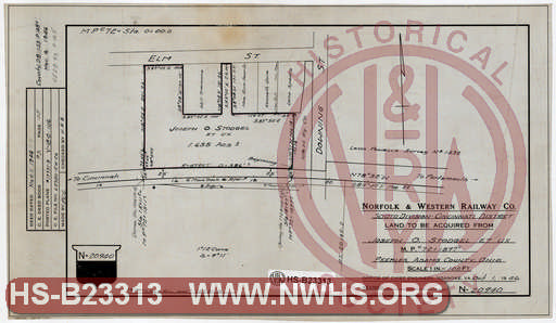 N&W Ry, Scioto Division - Cincinnati District, Land to be Acquired from Joseph O. Stodgel et ux, MP C72+1897', Peebles, Adams County Ohio