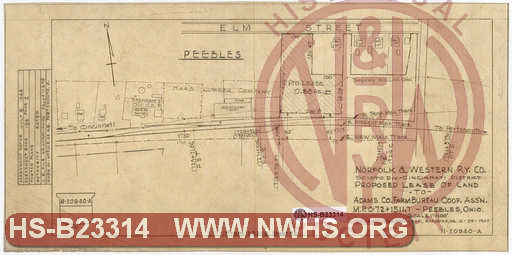 N&W Ry, Scioto Division - Cincinnati District, Proposed Lease of Land to Adams Co. Farm Bureau Coop. Asss'n., MP C72+1511.7', Peebles, Adams County Ohio