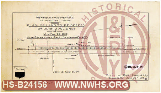 N&W R'y, Shenandoah Division, Plan of Land to be Deeded by John O. Aglionby at Mile Post 24-1612' near Shenandoah Junct., Jefferson Co., W.Va.