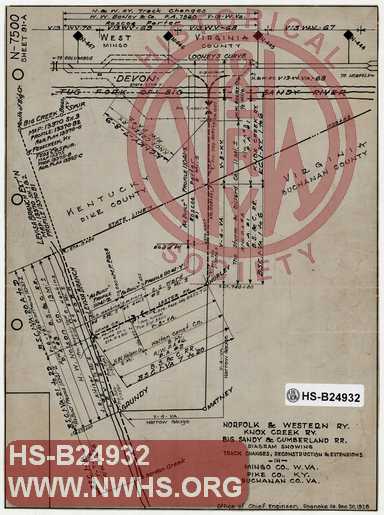 N&W Ry, Knox Creek Railway, Big Sandy & Cumberland RR, Diagram Showing Track Changes, Reconstruction and Extensions in Mingo Co., WV, Pike Co., KY, Buchanan C0., VA