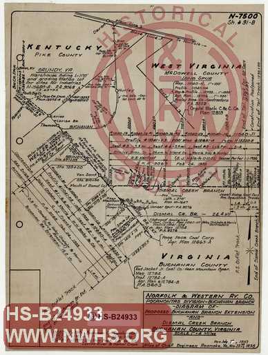 N&W Ry, Buchanan Branch, Diagram of Proposed Buchanan Branch Extension and Dismal Creek Branch, Buchanan County, VA