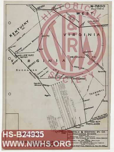 N&W Ry, Diagram of Proposed Spur Extension between Whitewood on Dismal Creek Branch and Jewell on Big Creek Branch via Laurel Fork, Buchanan and Tazewell Countie, VA