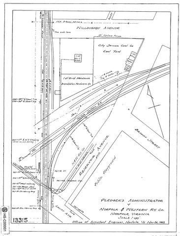 Map showing streets and trackage near N&W and Norfolk Southern RR crossing in Norfolk Virginia