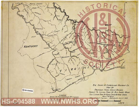 Big Sandy & Cumberland Railroad Co., Map of Proposed Home Creek Branch, Hurley to Levisa Fork of Big Sandy River via Lester Fork of Knox Creek & Home Creek