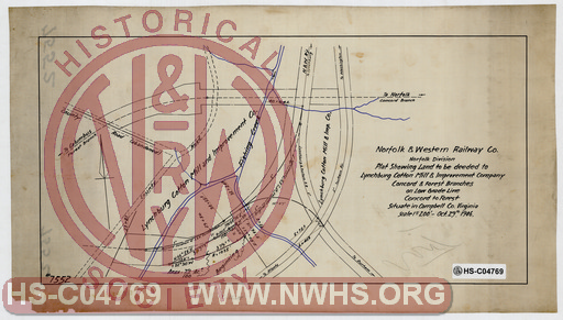 N&W Ry Norfolk Division, Plat Showing Land to be deeded to Lynchburg Cotton Mill & Improvement Company, Concord & Forest Branches on Low Grade Line, Concord to Forest, situate in Campbell County, VA