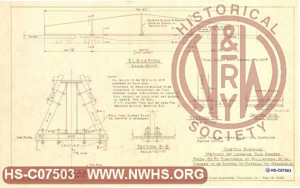 N&W Ry Sketch Showing Method of Loading Old Girders from 100 ft Turntabke at Williamson W.Va. Girders to be shipped to Material Yard, Roanoke VA