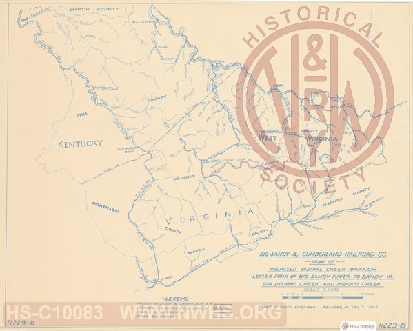 Big Sandy & Cumberland Railroad Co., Map of Proposed Dismal Creek Branch, Levisa Fork of Big Sandy River to Bandy Va. Via Dismal Creek and Indian Creek