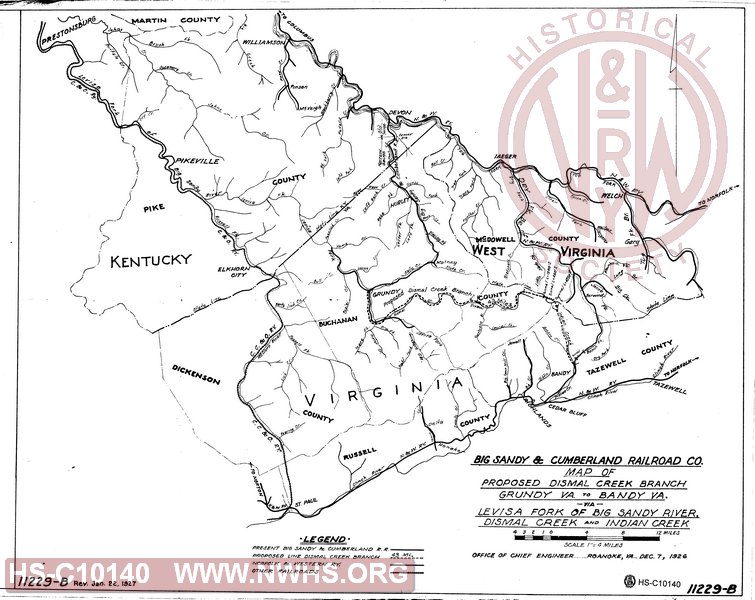 Big Sandy & Cumberland Railroad Co., Map of Proposed Dismal Creek Branch, Grundy Va to Bandy VA via Levisa Fork of Big Sandy River, Dismal Creek and Indian Creek